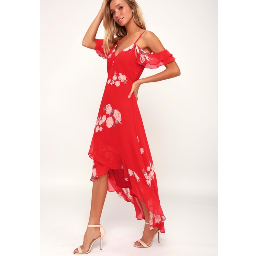 Lulu’s Love in bloom red floral print off the shoulders high low dress